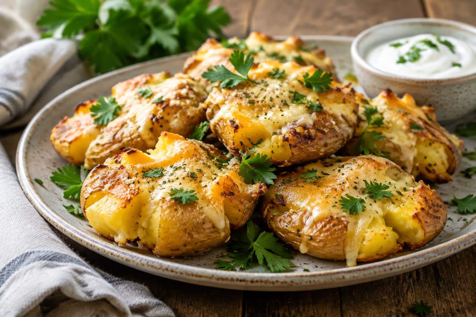 Crispy smashed potatoes with melted cheese and parsley garnish in natural light