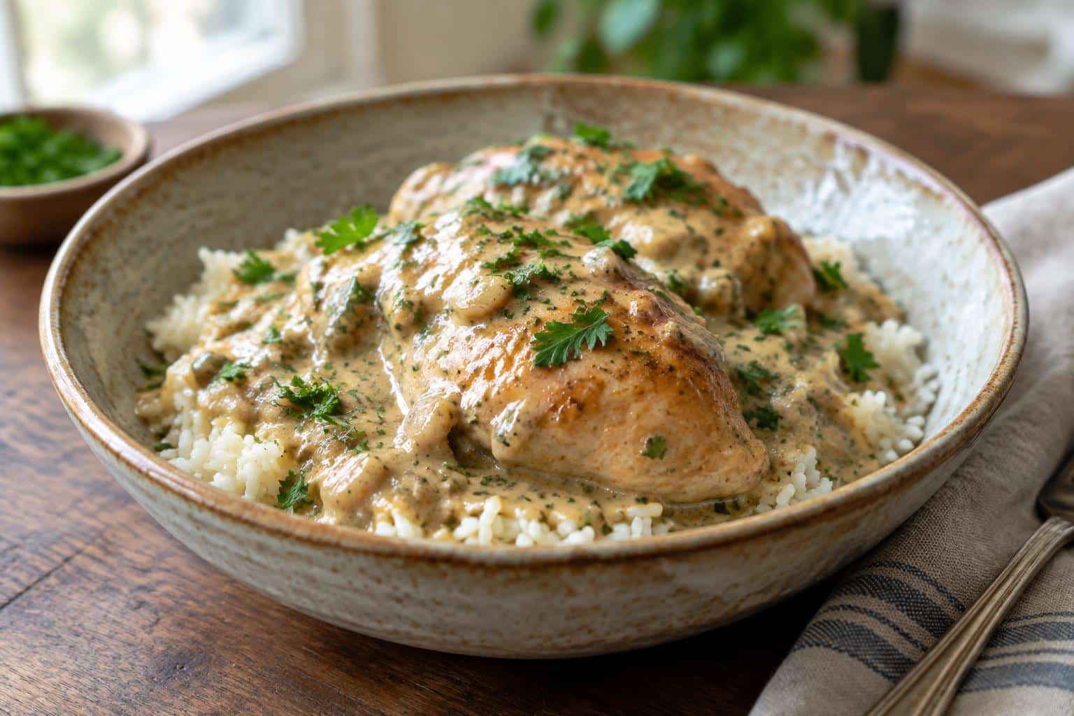 Smothered chicken and rice in a bowl garnished with parsley, showcasing smothered chicken and rice