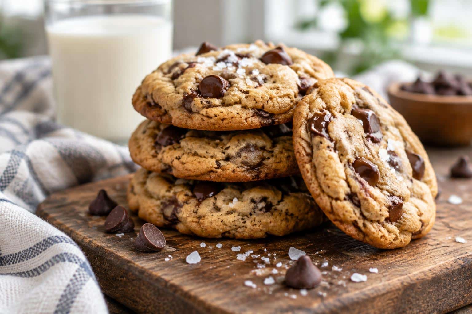 Soft chewy cookies with melted chocolate chips stacked on a wooden board