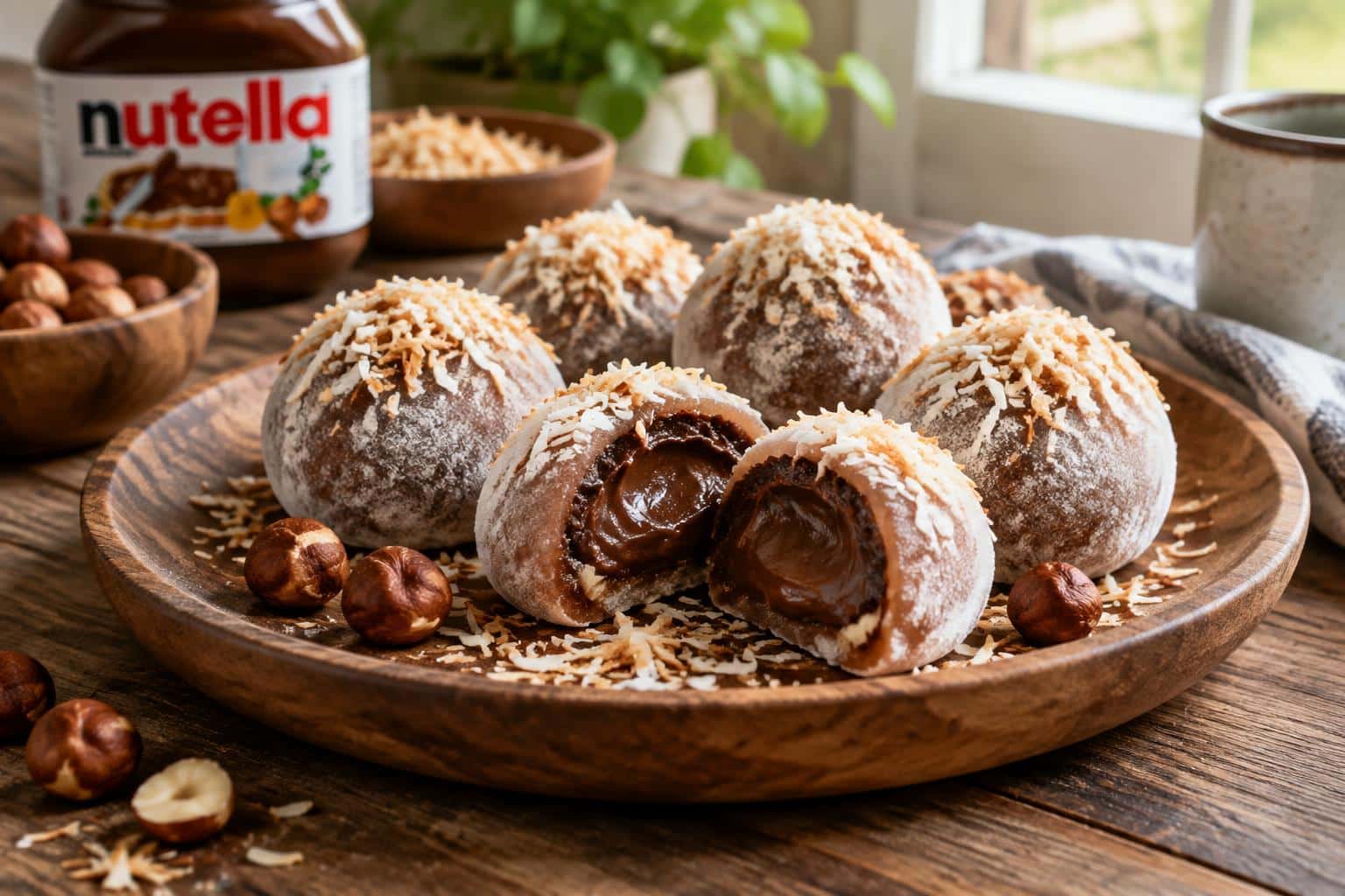 Freshly made creamy Nutella mochi balls on rustic plate with toasted coconut garnish