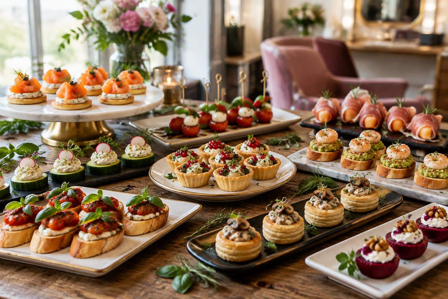 Assortment of trendy salon rouge ideas appetizers beautifully styled with fresh garnishes