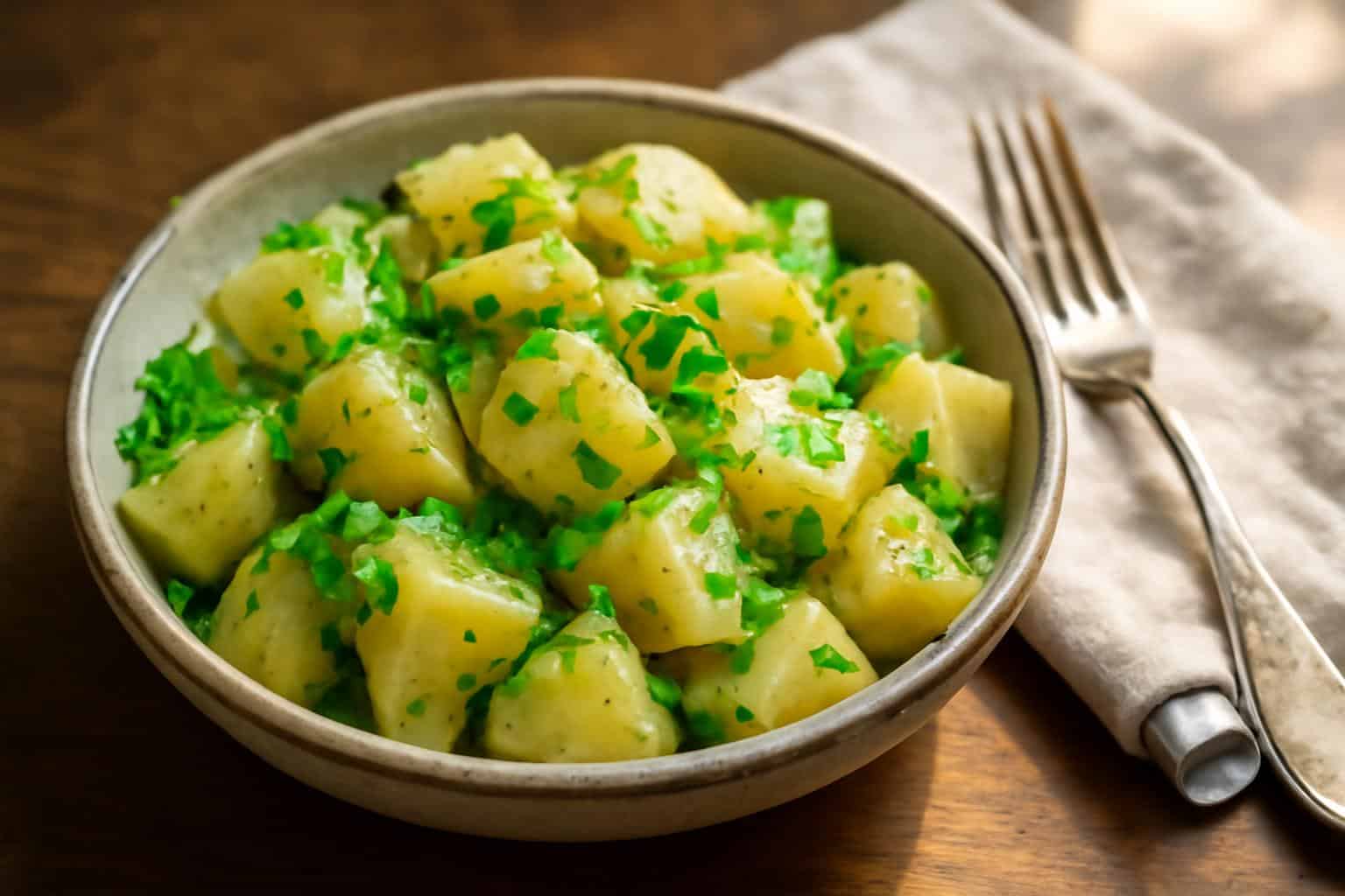 Zesty salt vinegar potato salad in rustic bowl garnished with parsley and scallions
