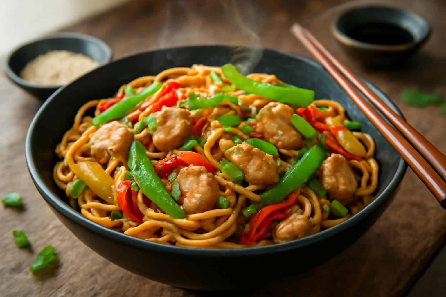 A bowl of chicken chow mein with noodles, vegetables, and chicken, garnished with green onions and sesame seeds