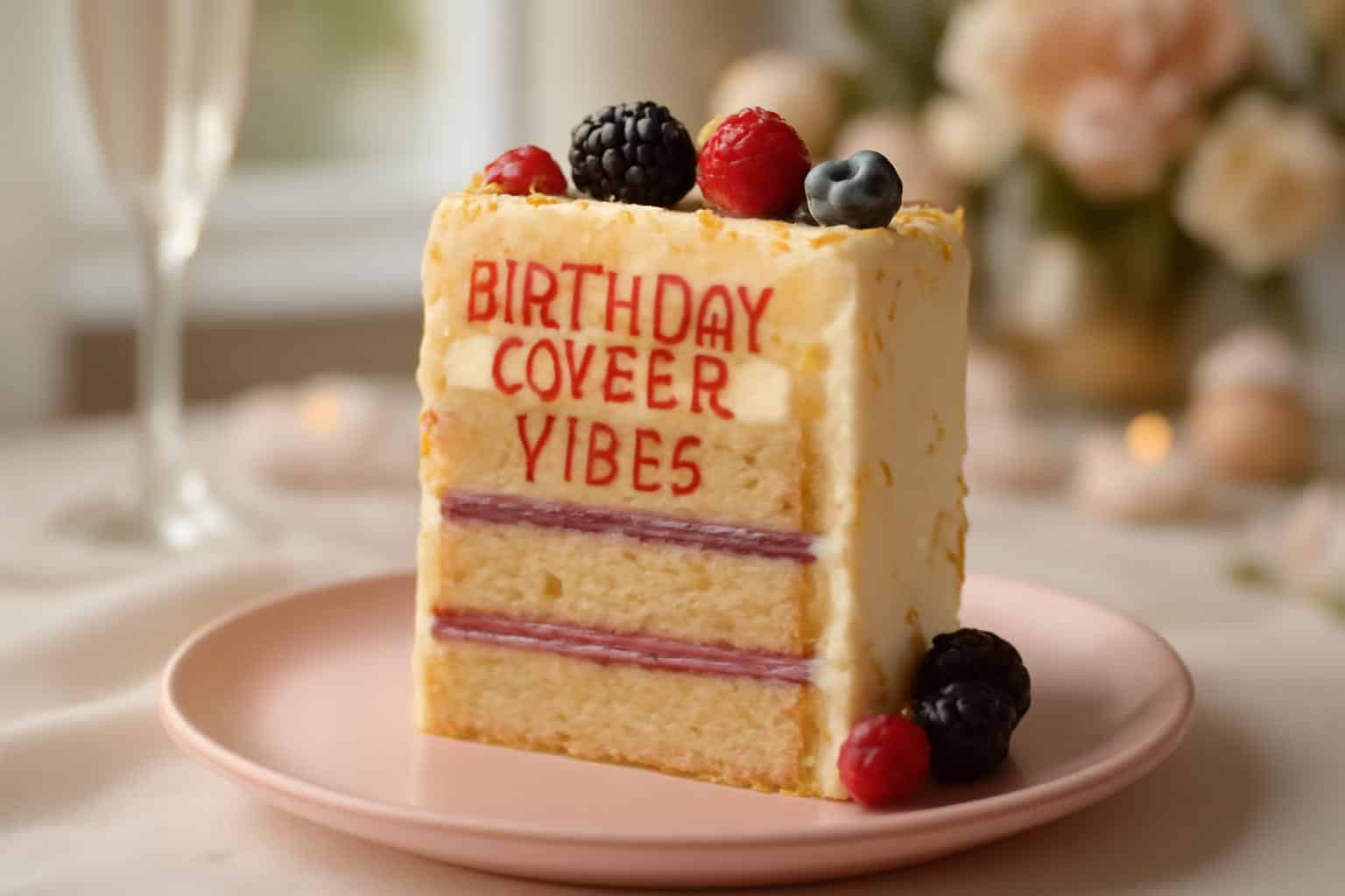 Birthday Queen Vibes cake slice with rich frosting and fresh berries on pastel plate