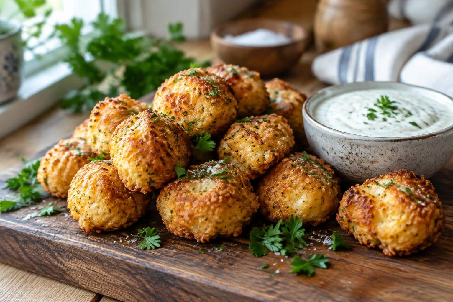 Golden baked bite-size comfort food bites garnished with parsley and creamy dipping sauce