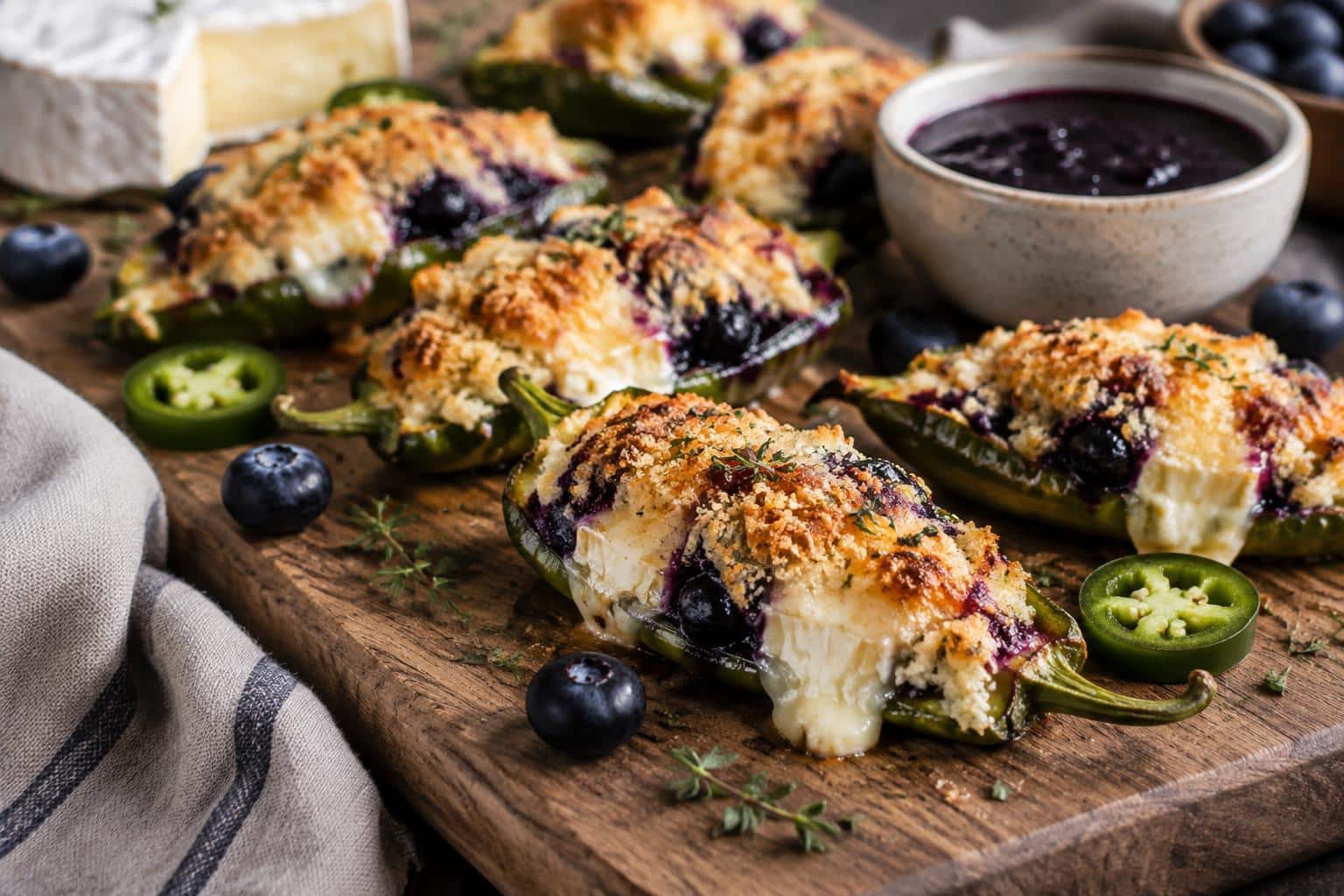 Blueberry brie jalapeño poppers with melted cheese and fresh jalapeños, a spicy appetizer