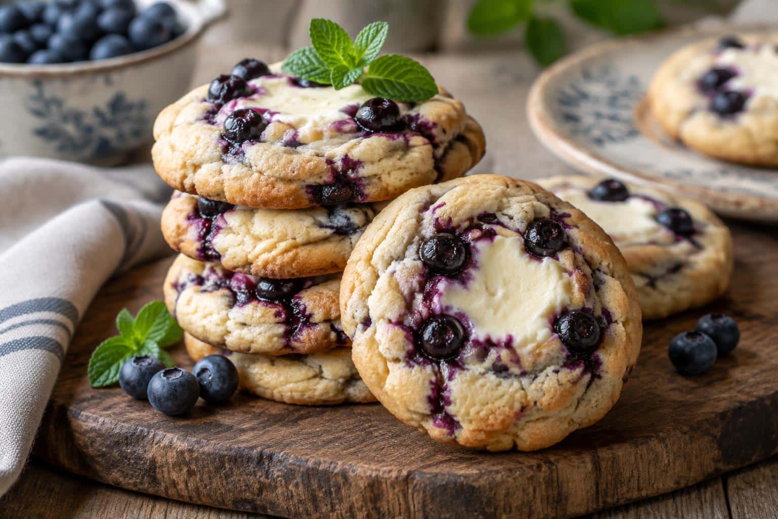 Freshly baked blueberry cheesecake cookies with creamy cheese and juicy berries on rustic board