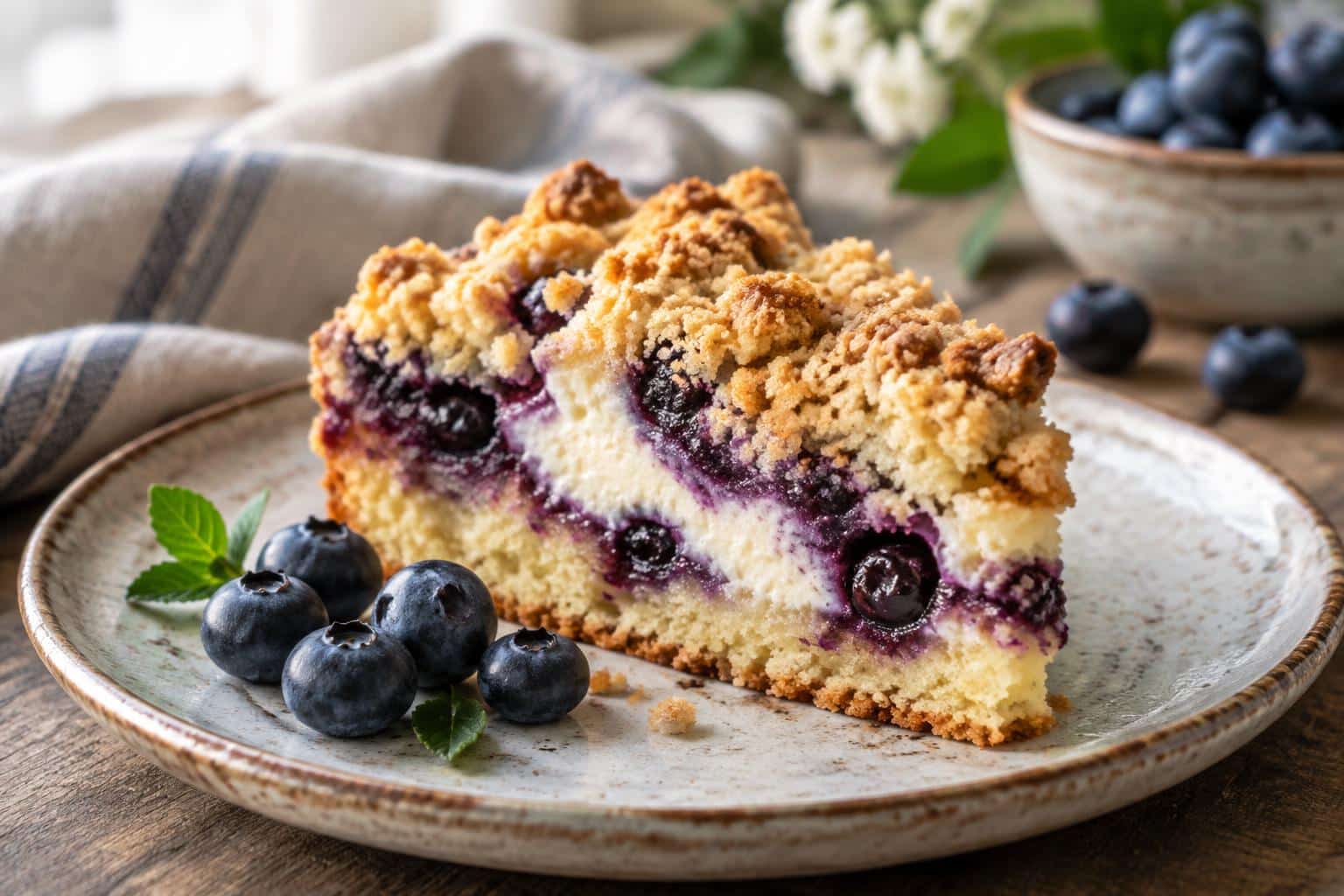 Slice of blueberry crumb cake with cream cheese swirls and crumb topping on a rustic plate