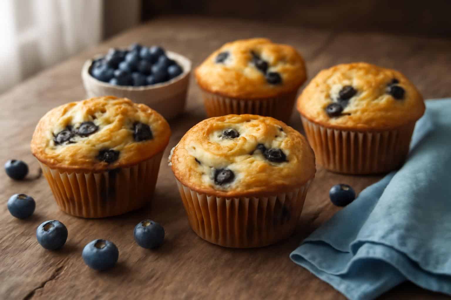 Blueberry cream cheese muffins fresh out of the oven with golden tops and creamy filling