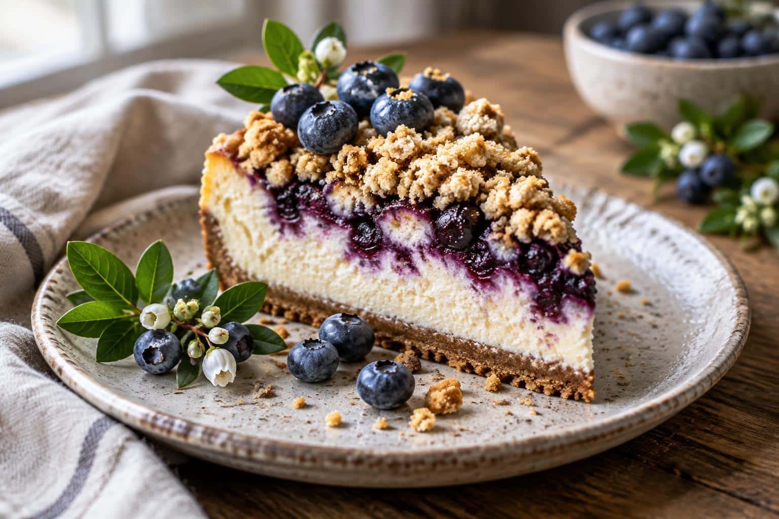 Slice of blueberry crumble cheesecake topped with fresh blueberries and crumble topping
