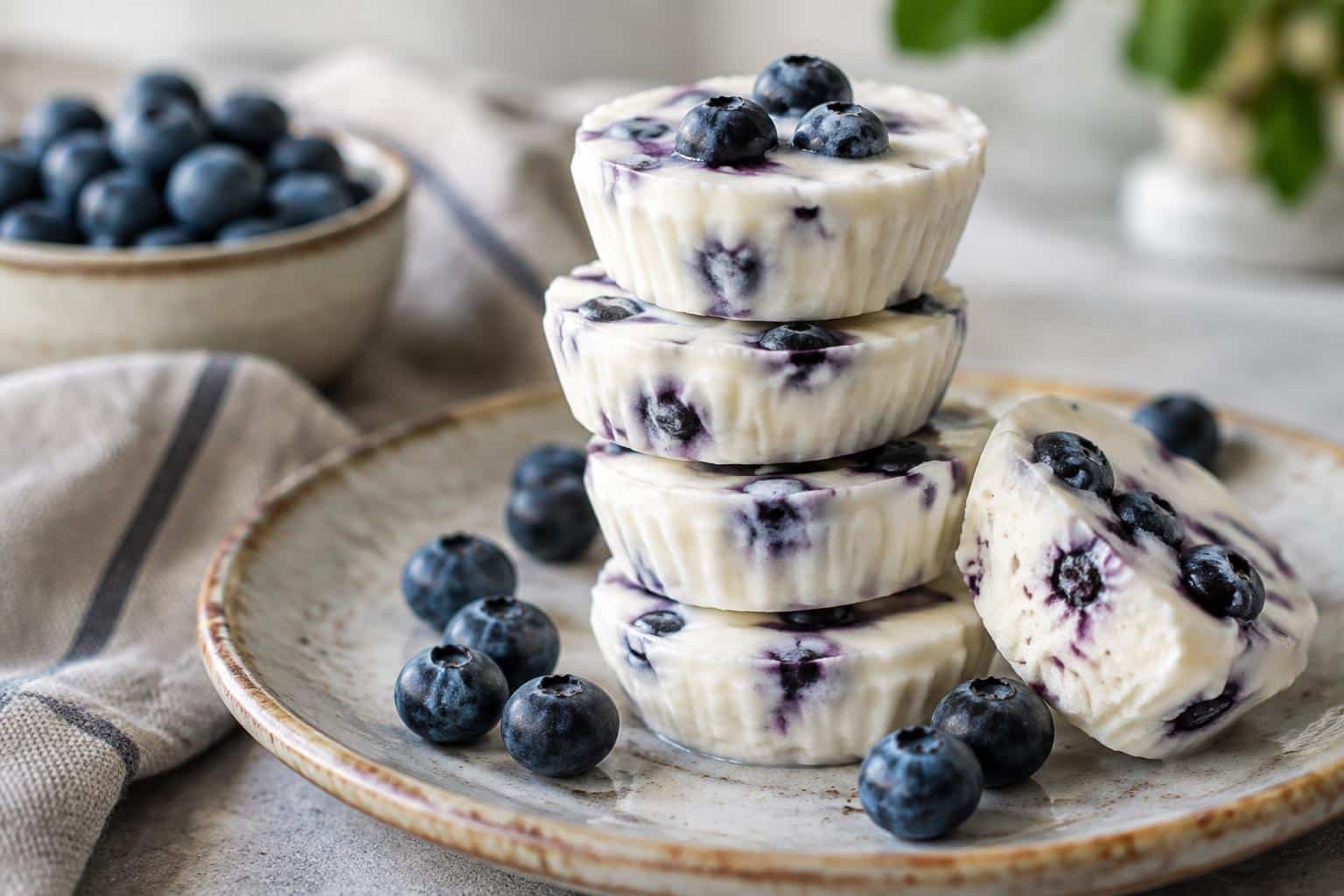 Delicious blueberry Greek yogurt bites served on a plate with fresh blueberries