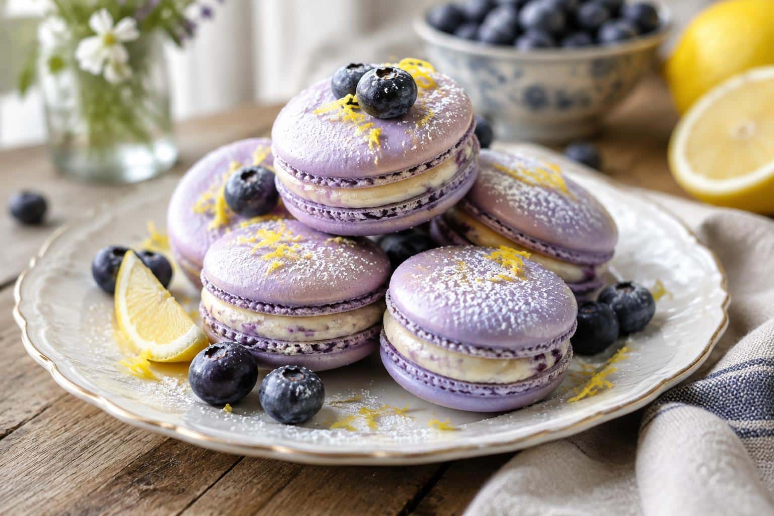 Blueberry lemonade macarons on a white plate with lemon zest and fresh blueberries, bright and zesty macarons