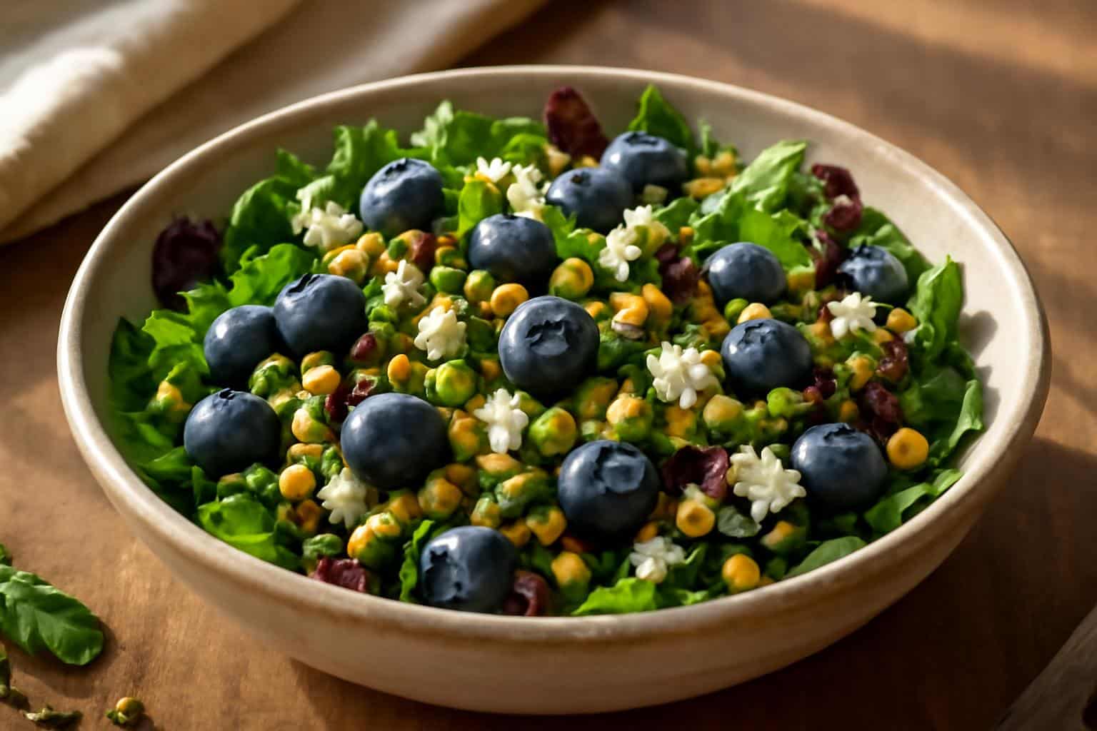 Fresh blueberry pistachio salad with mixed greens and feta in a rustic bowl