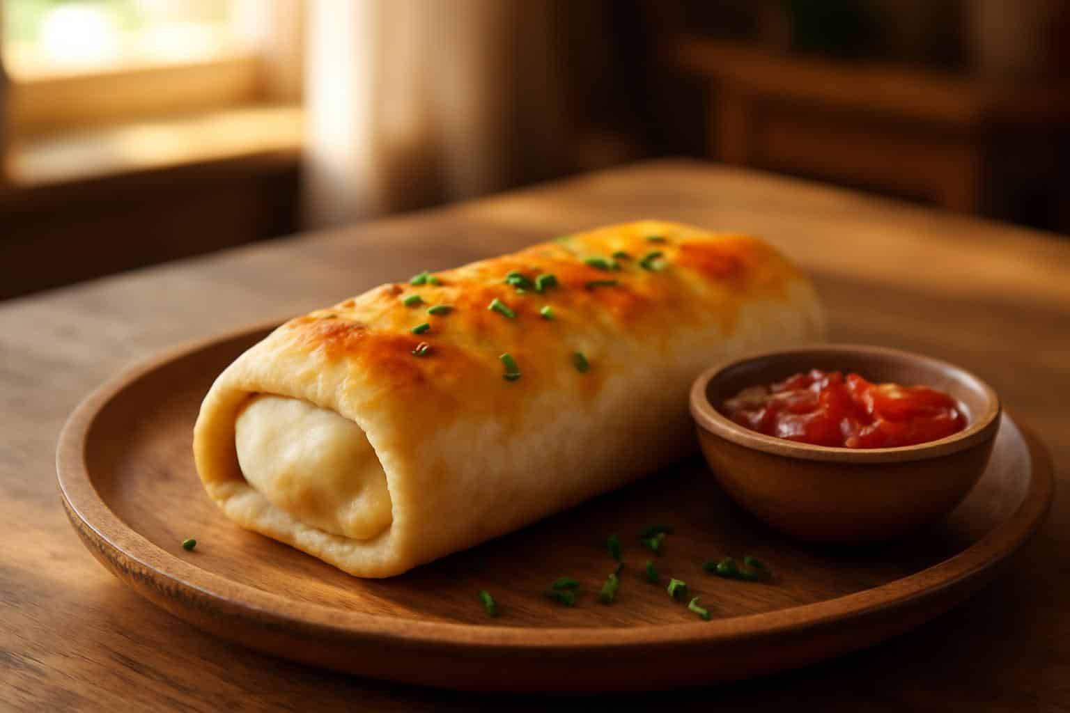 Golden baked breakfast roll-ups garnished with chives and salsa, breakfast roll-ups