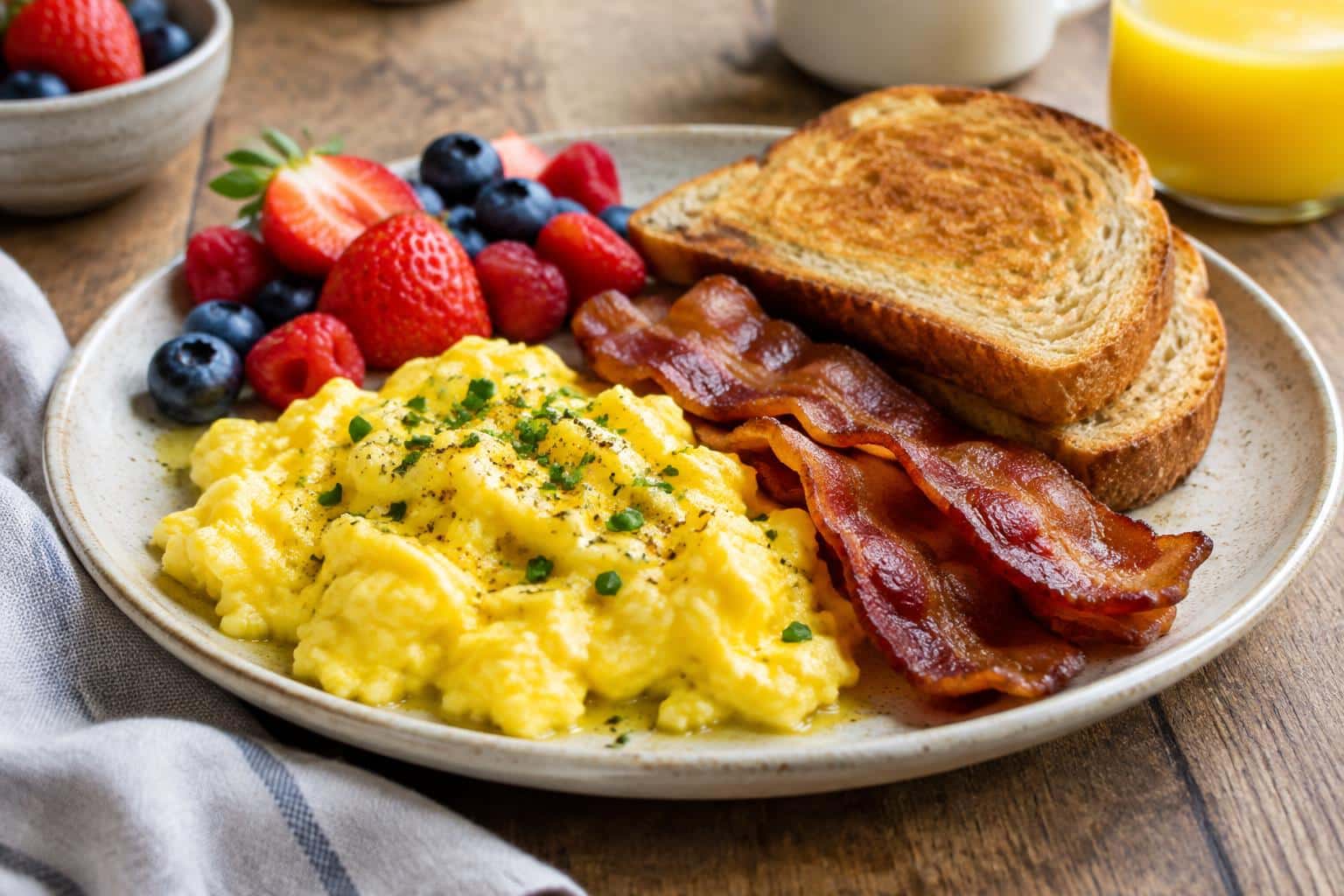 plate of savory breakfast time with scrambled eggs, bacon, toast, and fruit garnish