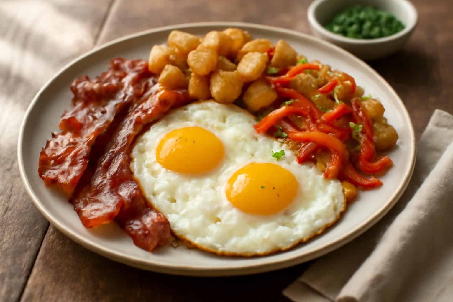 Hearty breakfast time plate with eggs, bacon, roasted potatoes, and sautéed vegetables