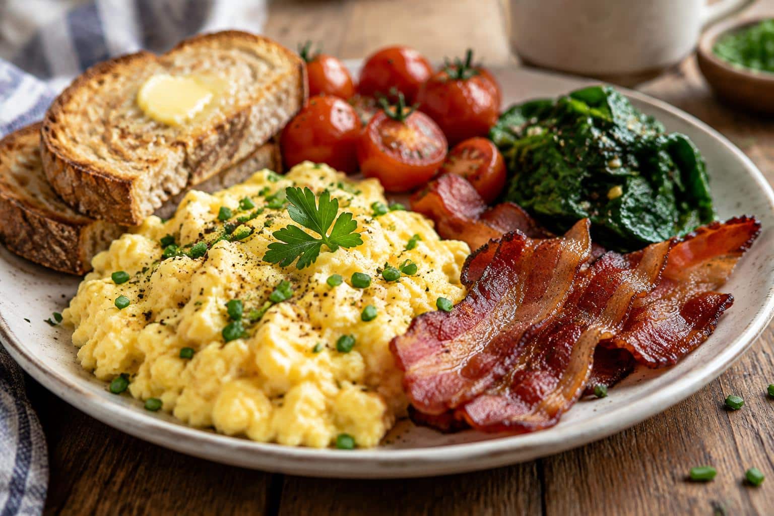 Hearty breakfast time plate with scrambled eggs, bacon, toast, and fresh garnishes