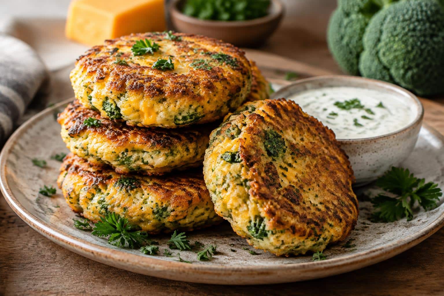 Golden broccoli cheese patties stacked on a rustic plate with parsley garnish and dipping sauce