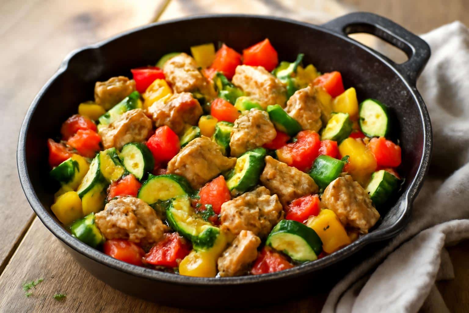Chicken veggie skillet with colorful vegetables and fresh herbs in a cast iron pan