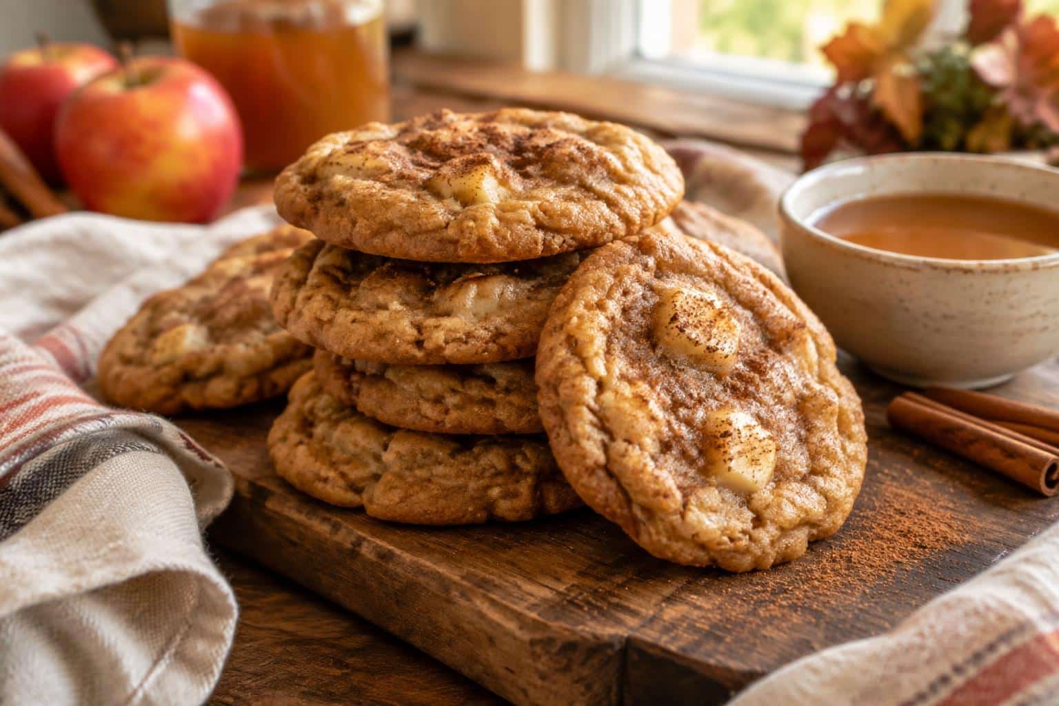 Brown butter apple cider cookies stacked on a wooden board with cinnamon garnish