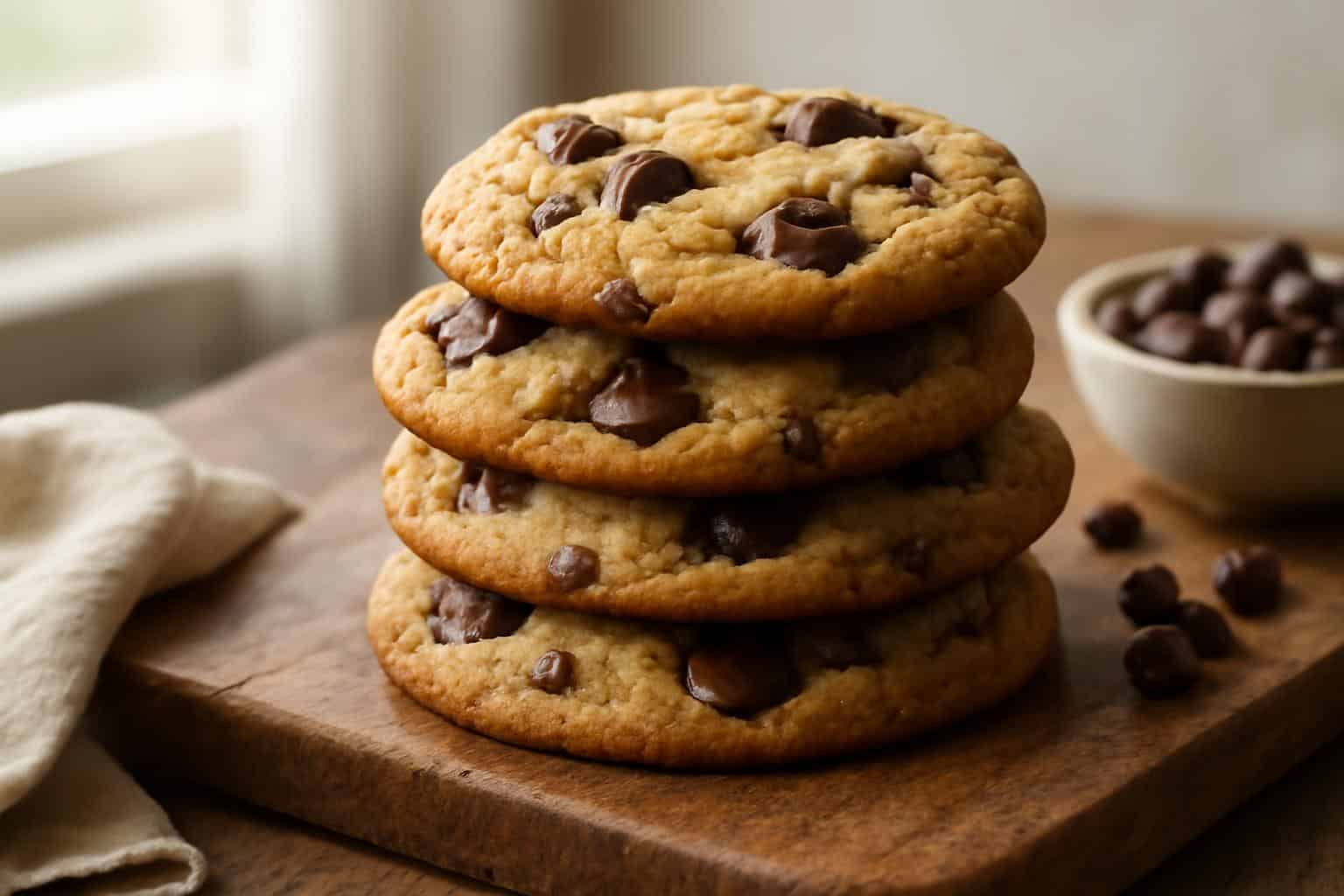 Freshly baked brown butter cookies with chocolate chips on rustic board, showcasing brown butter cookies texture