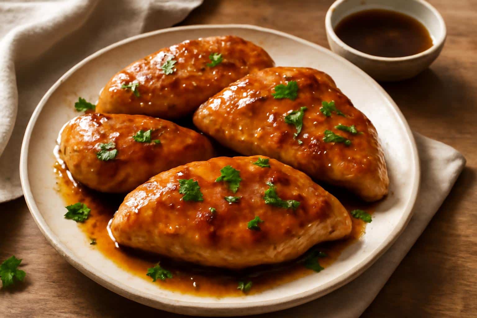 Brown sugar garlic chicken breasts glazed and garnished with parsley on a rustic white plate