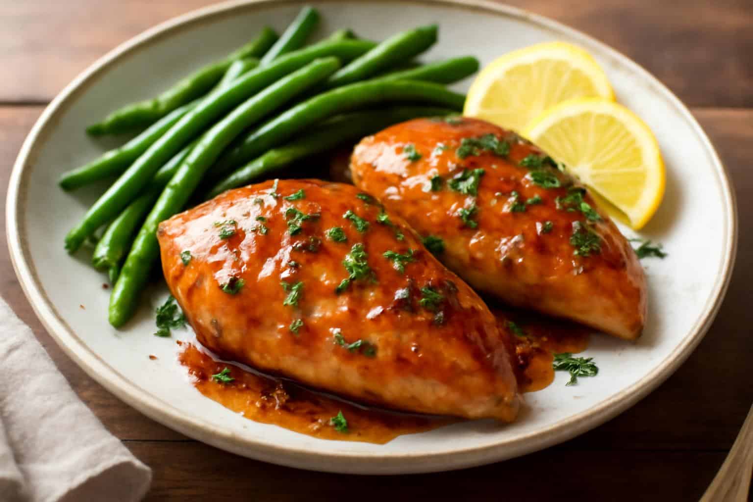 Brown sugar garlic chicken breasts glazed with sauce and garnished with parsley on a white plate