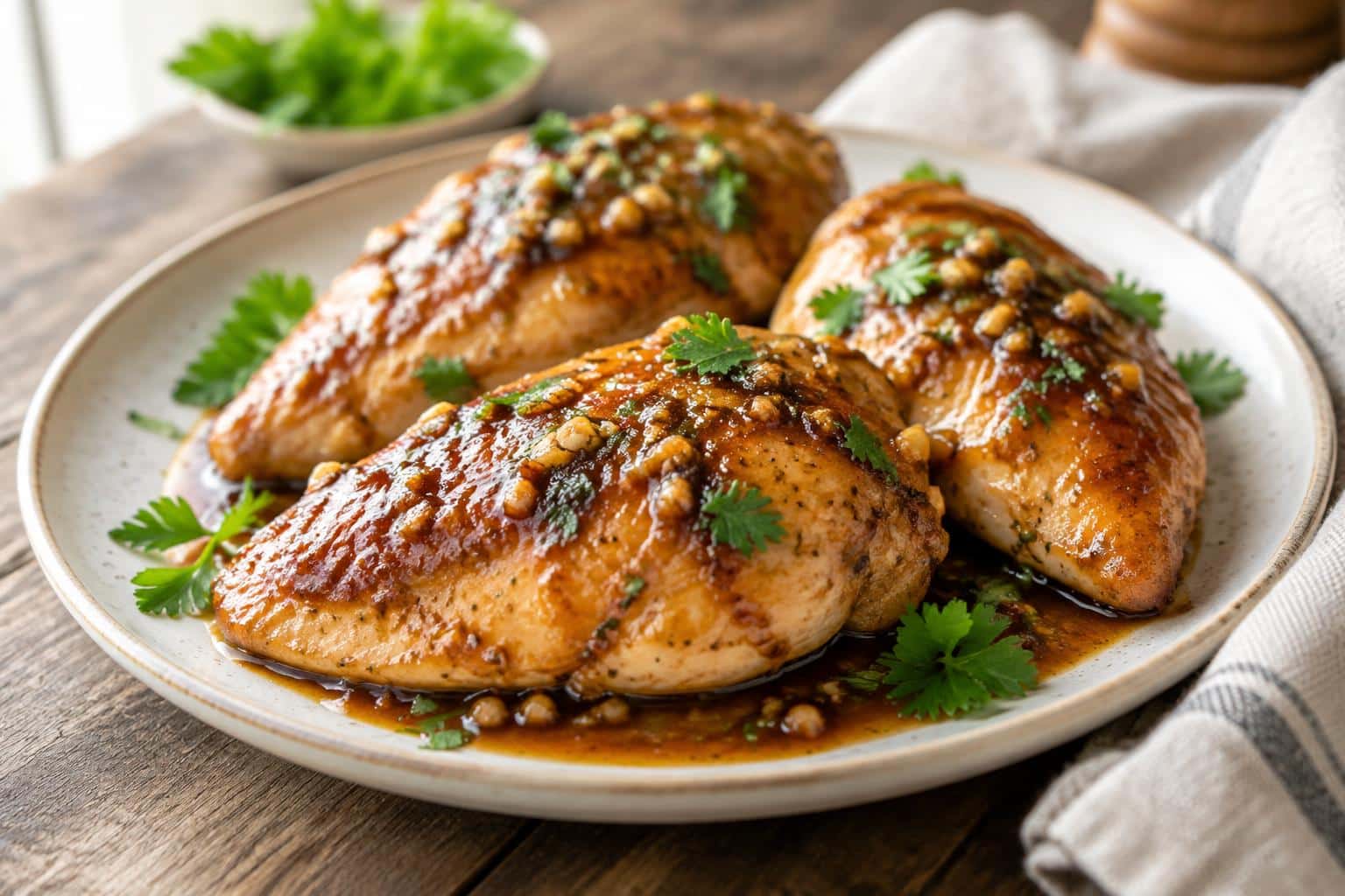 Brown sugar garlic chicken breasts glazed and garnished with fresh parsley on a rustic plate