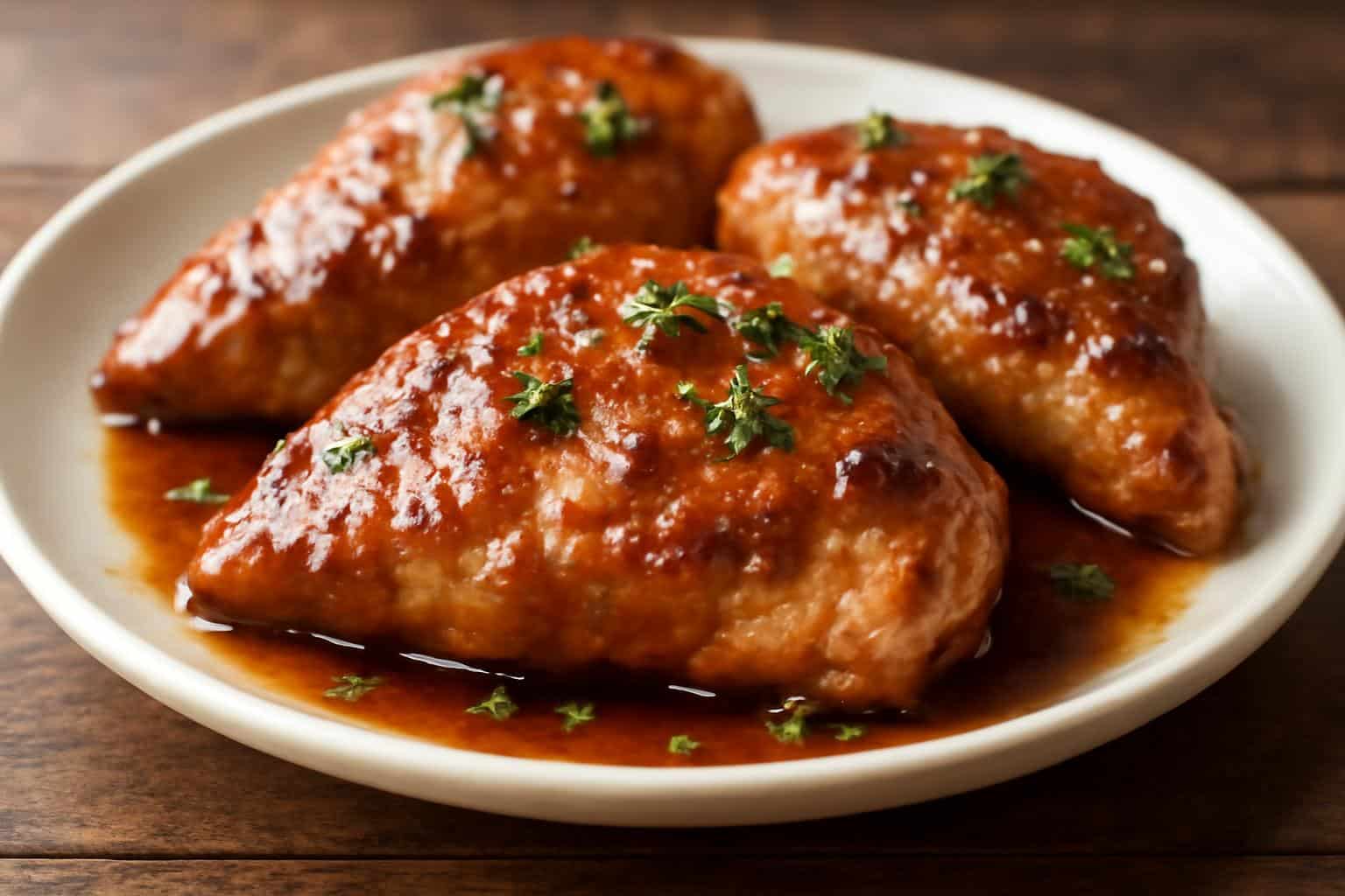 brown sugar garlic chicken breasts glazed and garnished with parsley on white plate