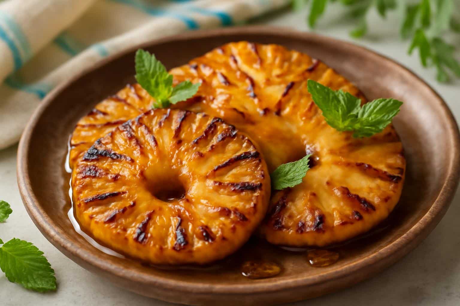 Caramelized brown sugar grilled pineapple slices garnished with fresh mint, highlighting brown sugar grilled pineapple d
