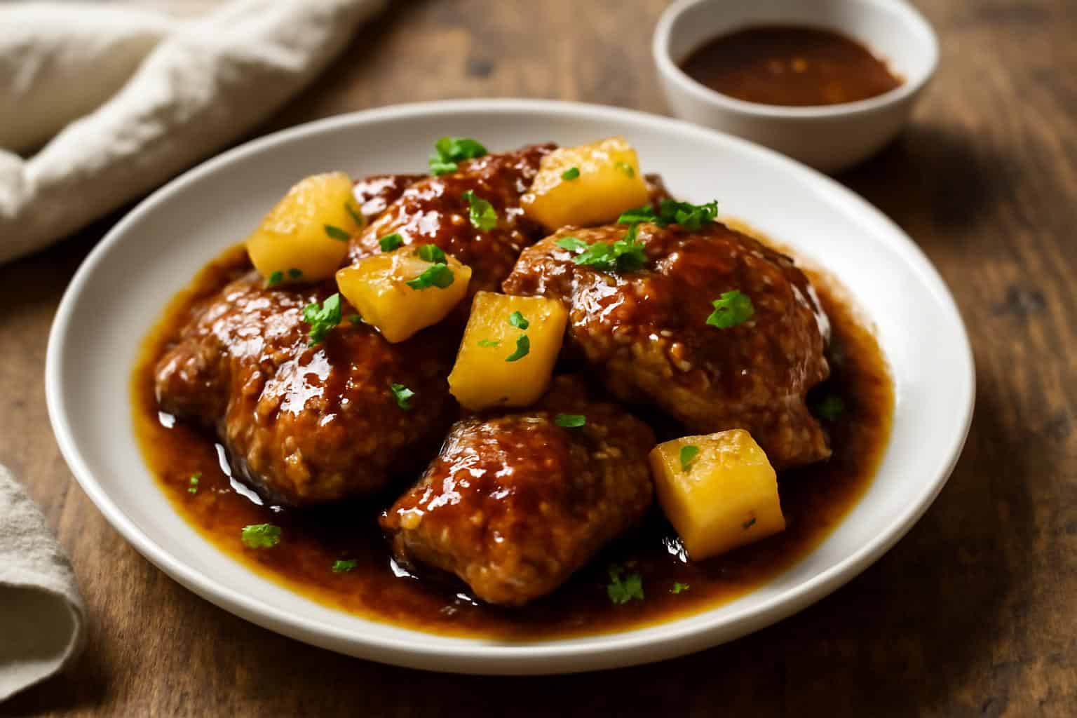 Brown sugar pineapple chicken with caramelized sauce and pineapple chunks on a rustic plate
