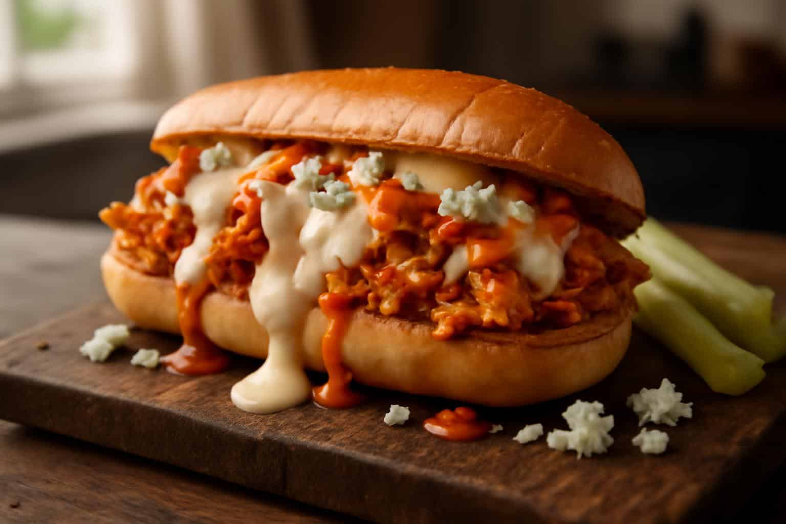 Buffalo chicken cheesesteak sandwich with melted cheese and buffalo sauce on rustic board