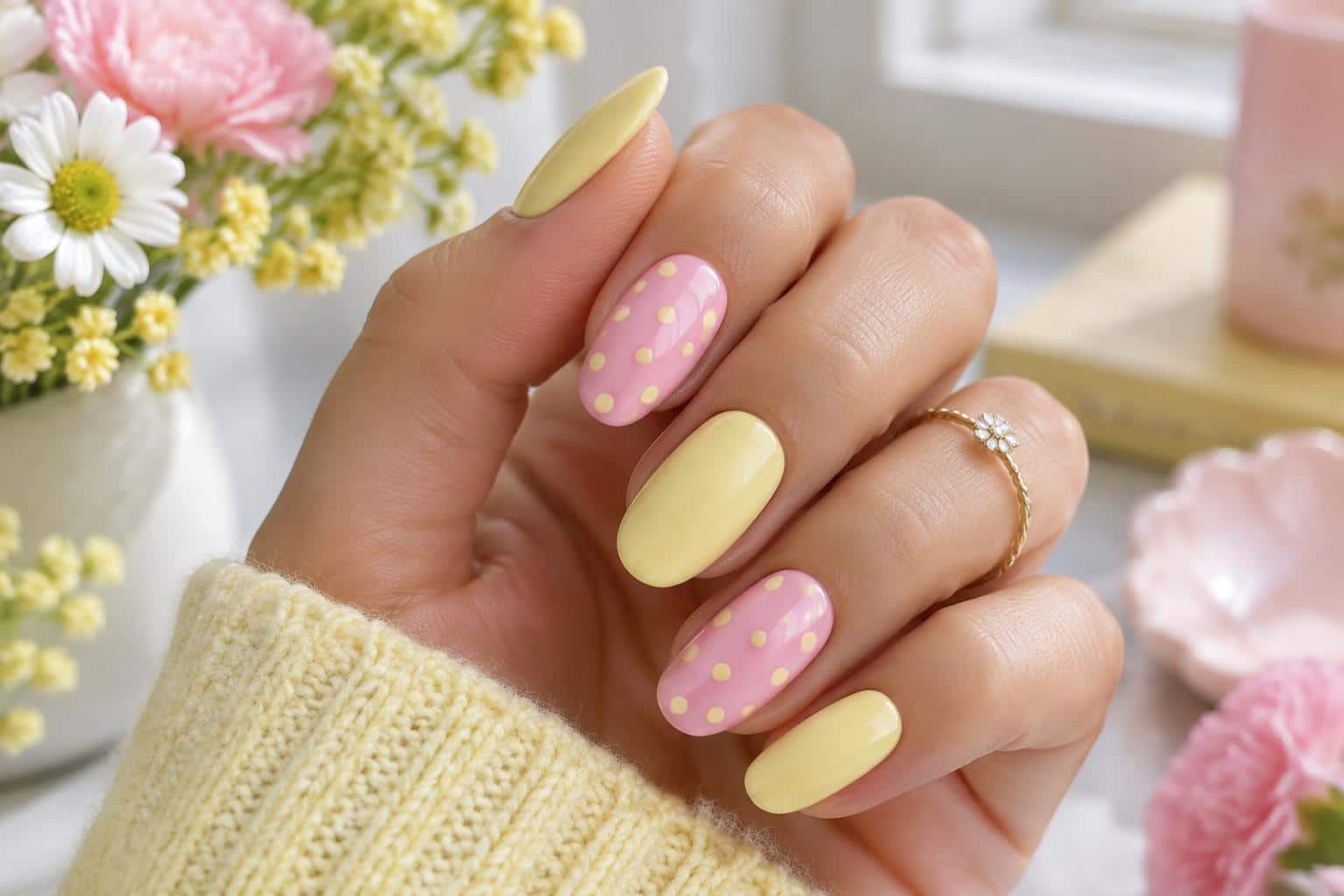 Close-up of butter yellow and pink polka dot nails featuring glossy playful nail art