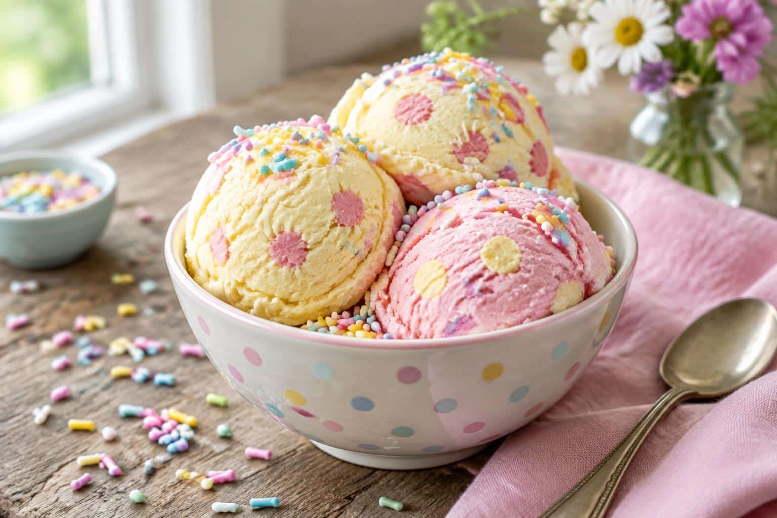 Butter yellow and pink polka dot nails ice cream in a bowl with sprinkles