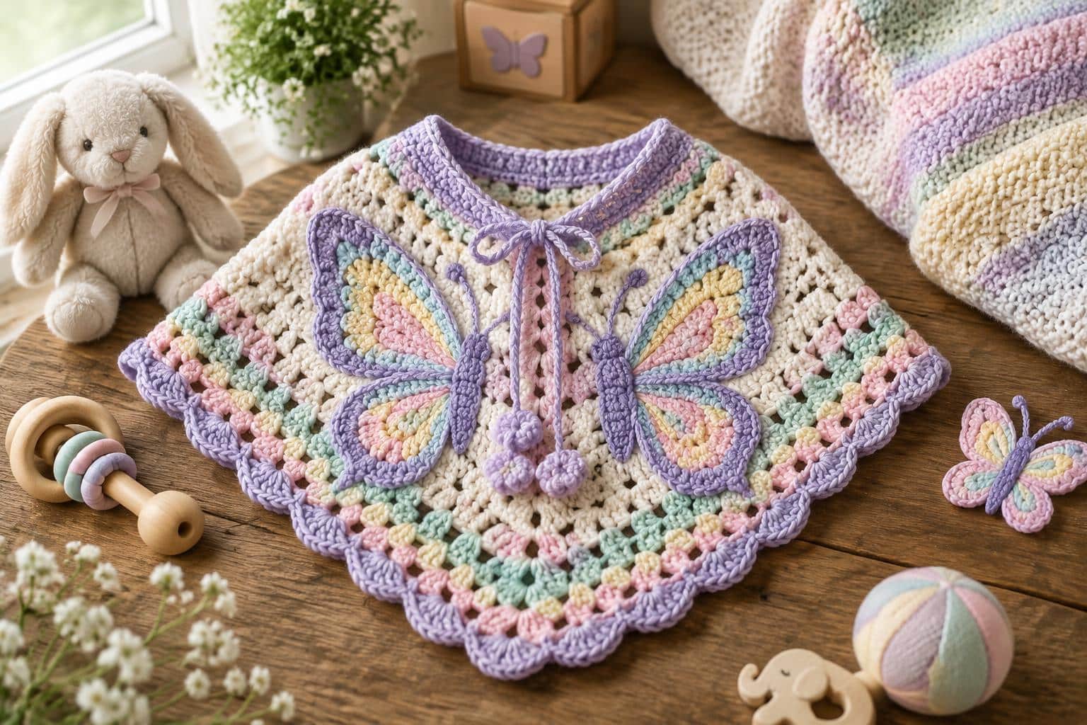 Butterfly baby poncho crochet pattern in pastel colors on rustic wooden surface with butterfly ornament