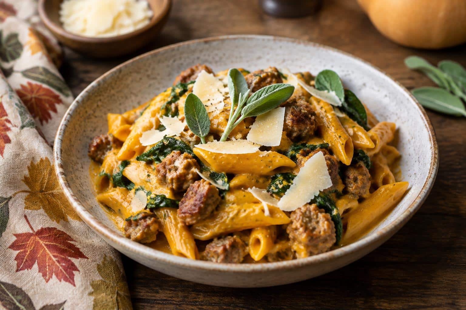 Butternut squash pasta with sausage and spinach in a rustic bowl garnished with Parmesan and sage