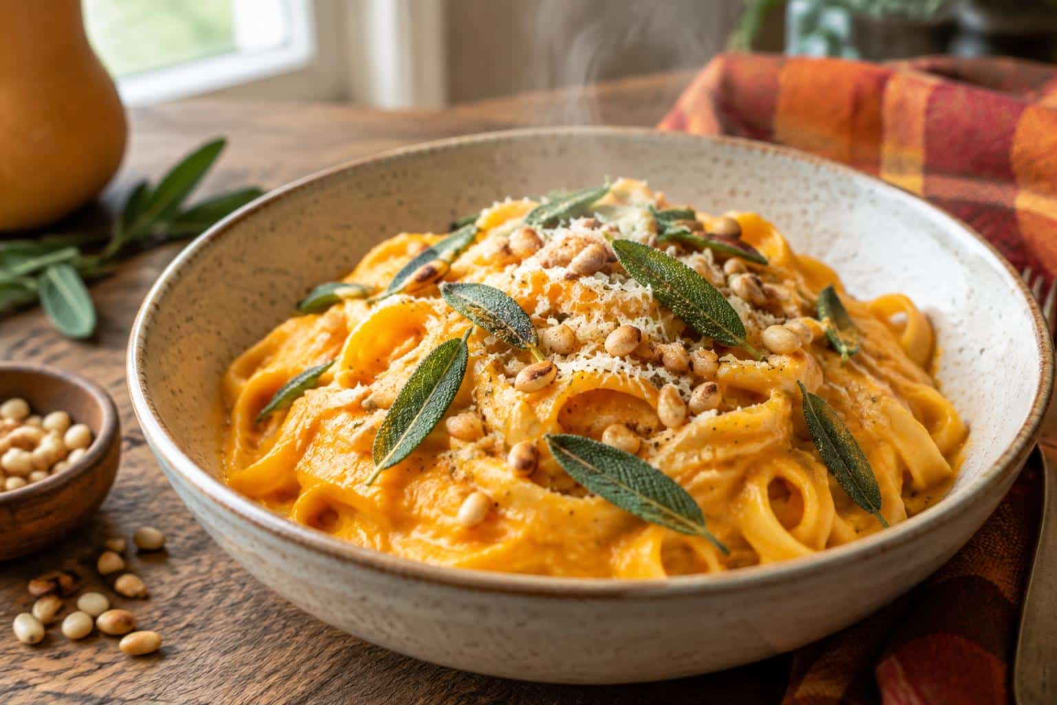 Butternut squash pasta with sage and toasted pine nuts in a white bowl, showcasing butternut squash pasta