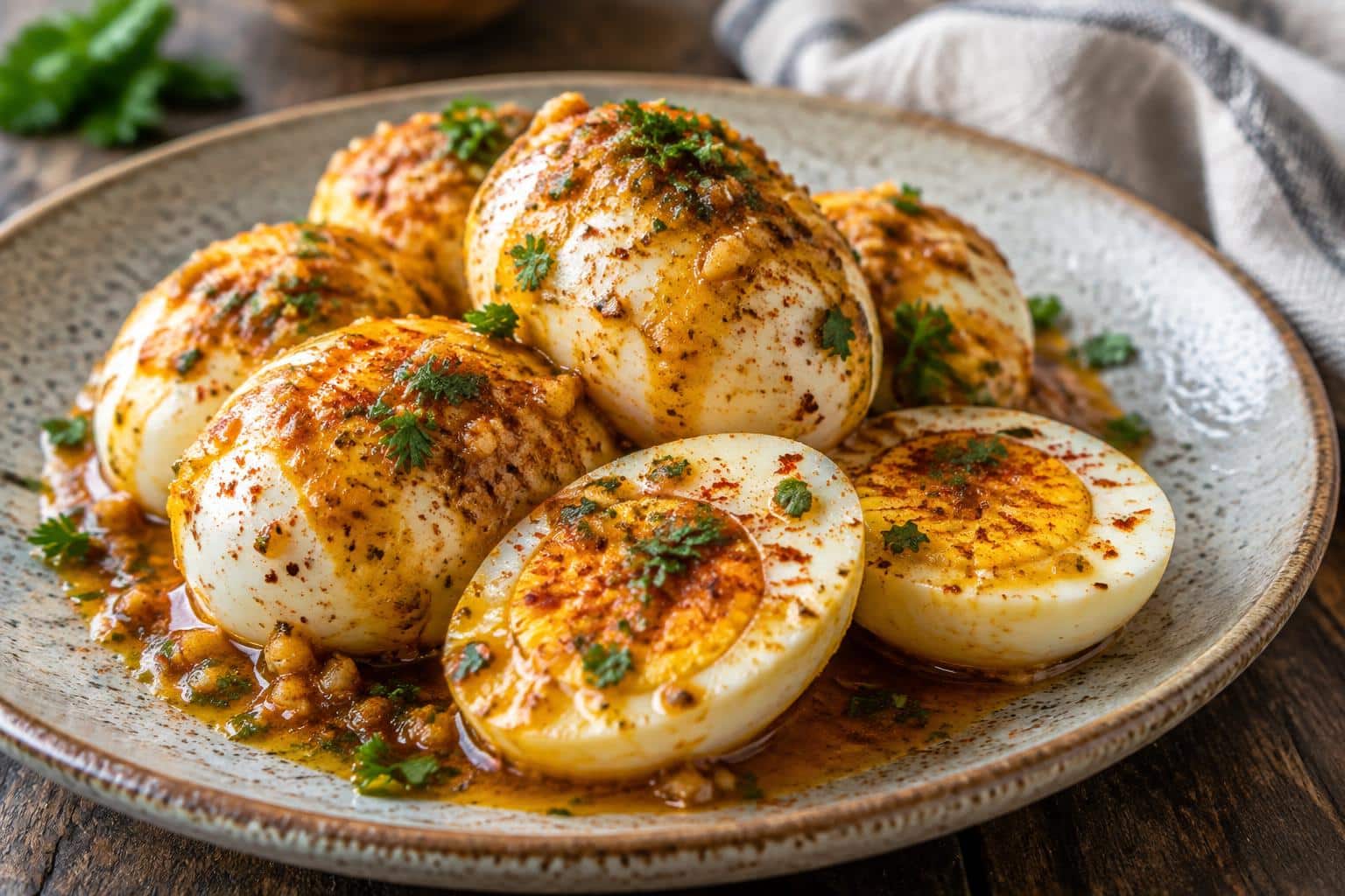 Cajun boiled eggs with spicy garlic butter sauce garnished with parsley and paprika