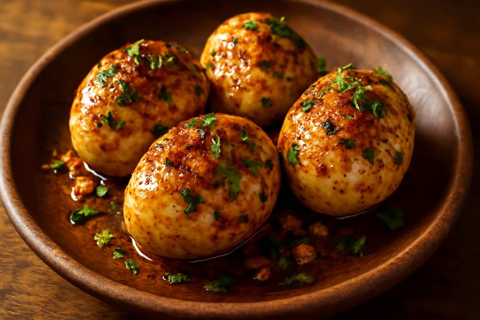 cajun boiled eggs with spicy garlic butter sauce garnished with parsley and paprika