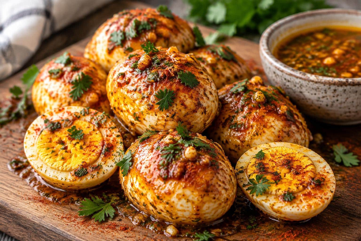 Cajun boiled eggs with spicy garlic butter sauce garnished with parsley and paprika