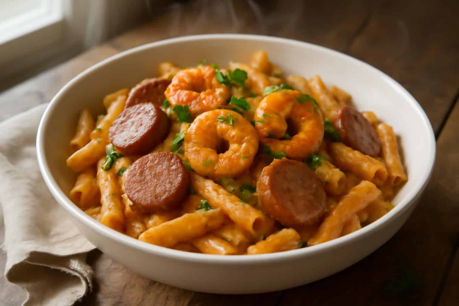 Cajun creamy jambalaya pasta with shrimp and sausage garnished with parsley