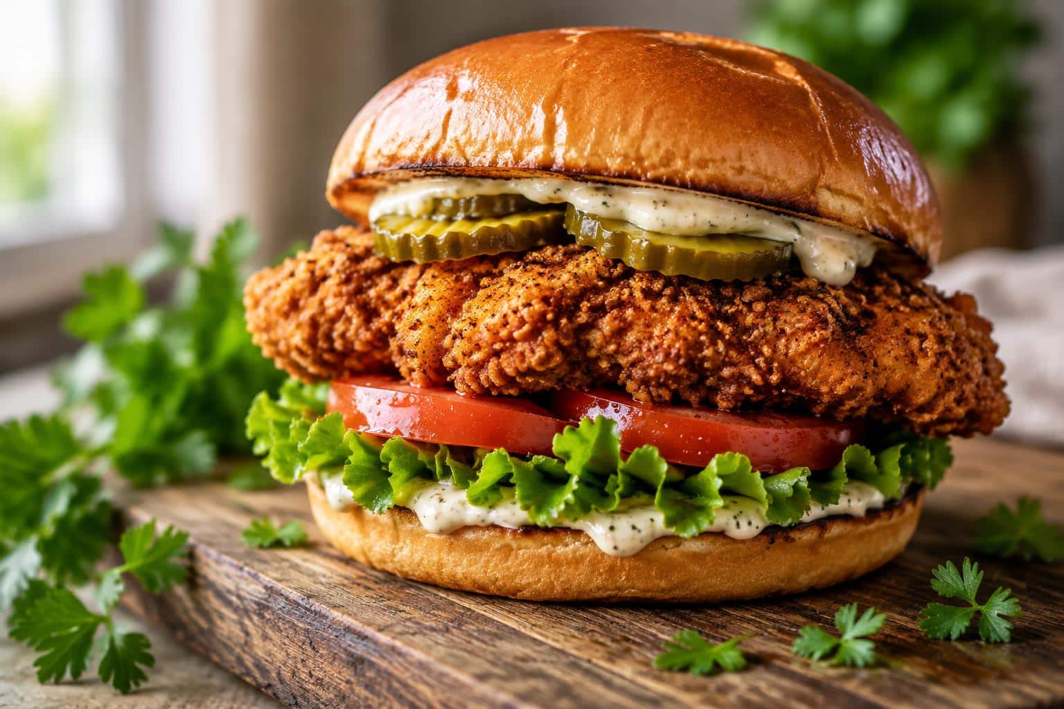 Cajun crispy chicken sandwich with garlic aioli, lettuce, tomato, and pickles on toasted bun