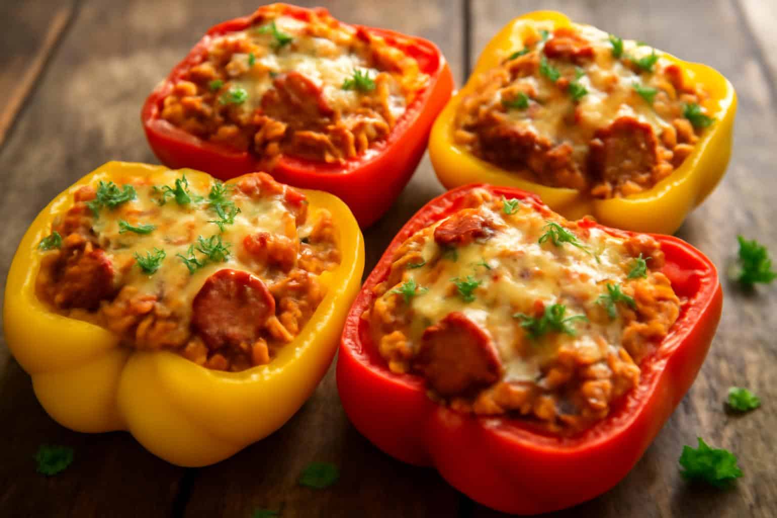 Close-up of Cajun stuffed peppers with spicy rice and sausage in colorful bell peppers