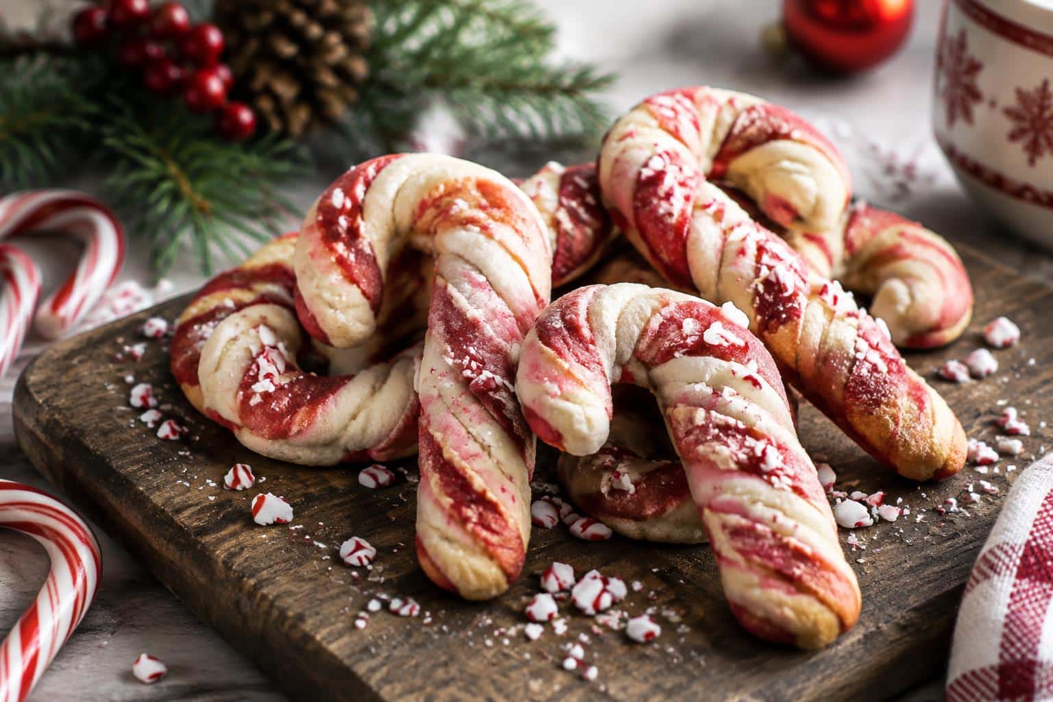 Freshly baked candy cane cookie with red and white swirls on rustic board, festive holiday background