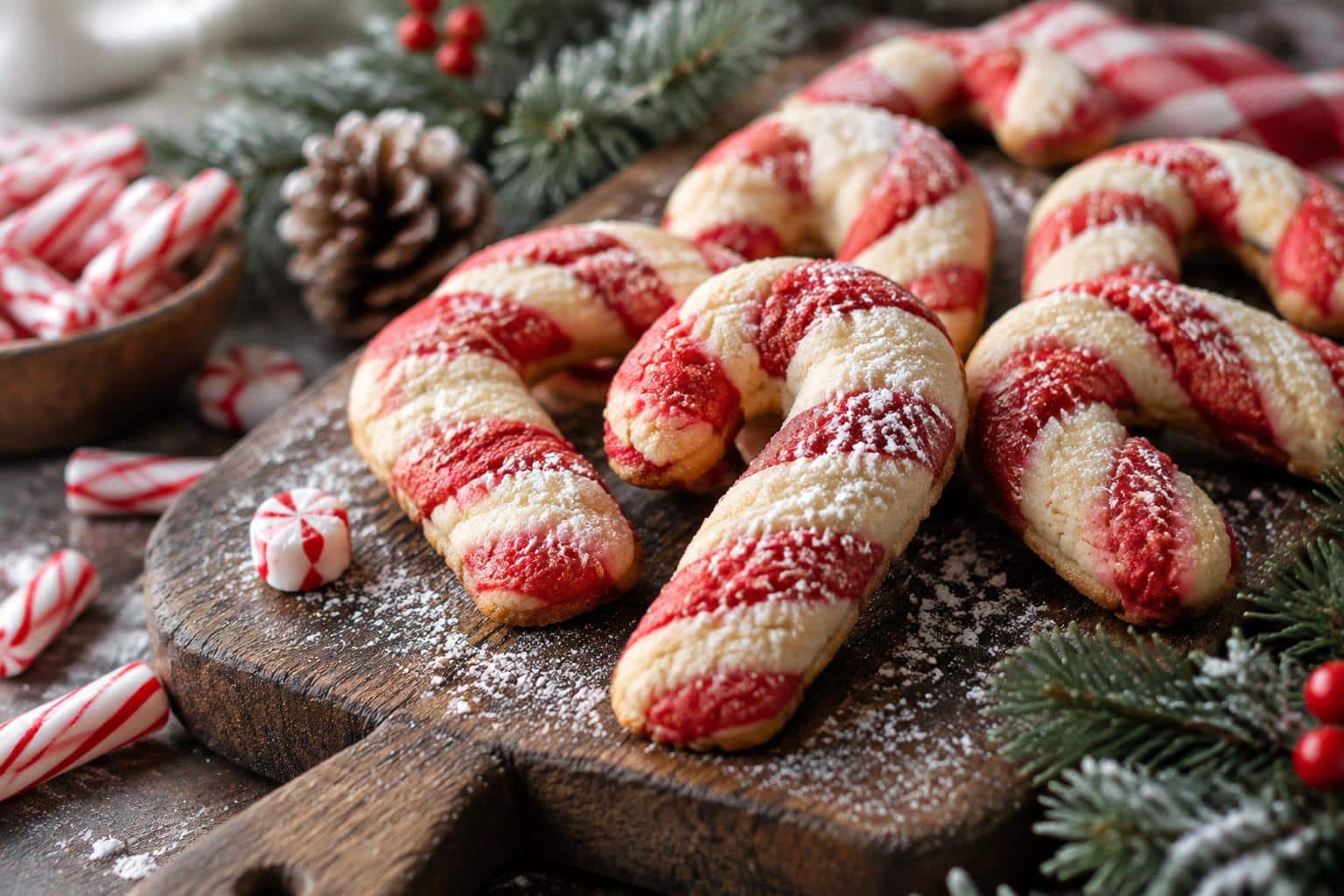 Fresh candy cane cookie with red and white swirls, perfect festive holiday cookie