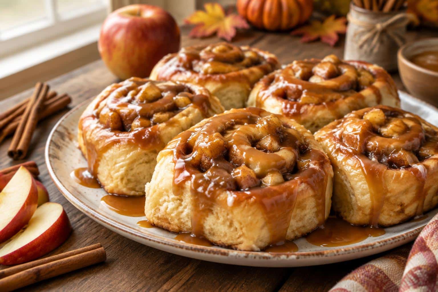 Freshly baked caramel apple cinnamon rolls with caramel glaze on rustic wooden table