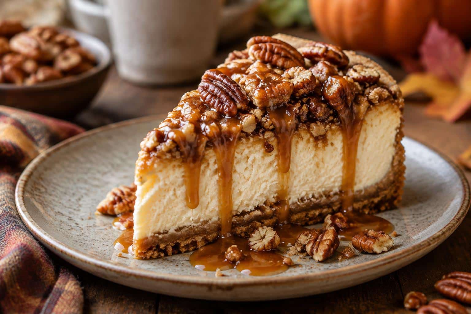 Caramel pecan cheesecake slice with crunchy pecan topping and caramel drizzle
