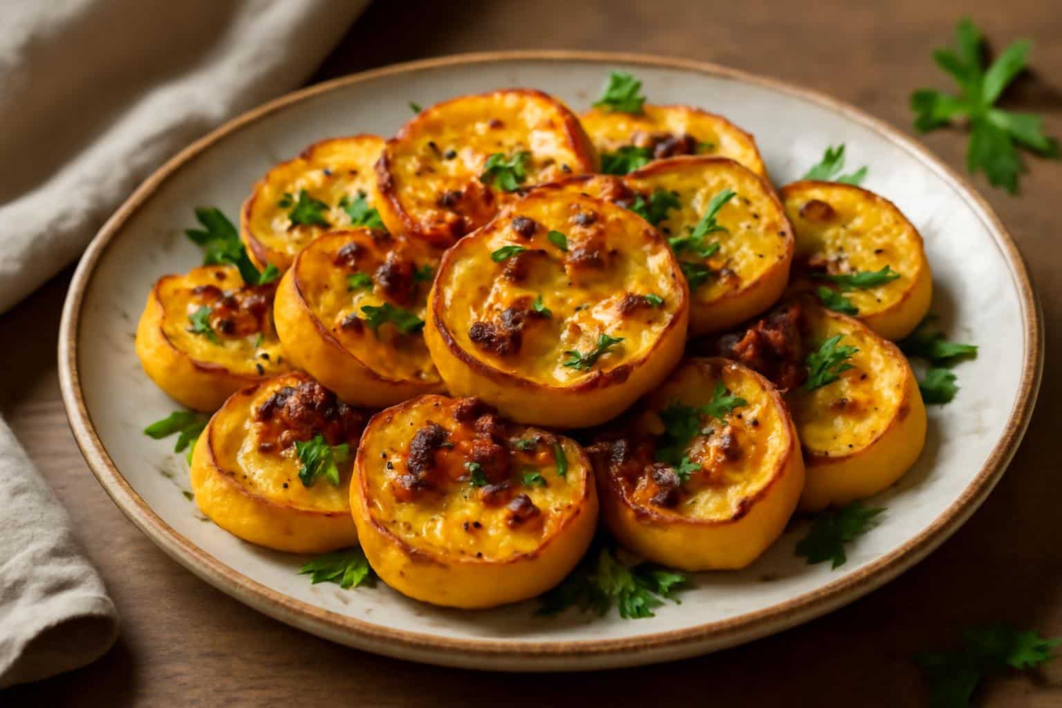 Caramelized garlic roasted summer squash garnished with parsley on a rustic plate