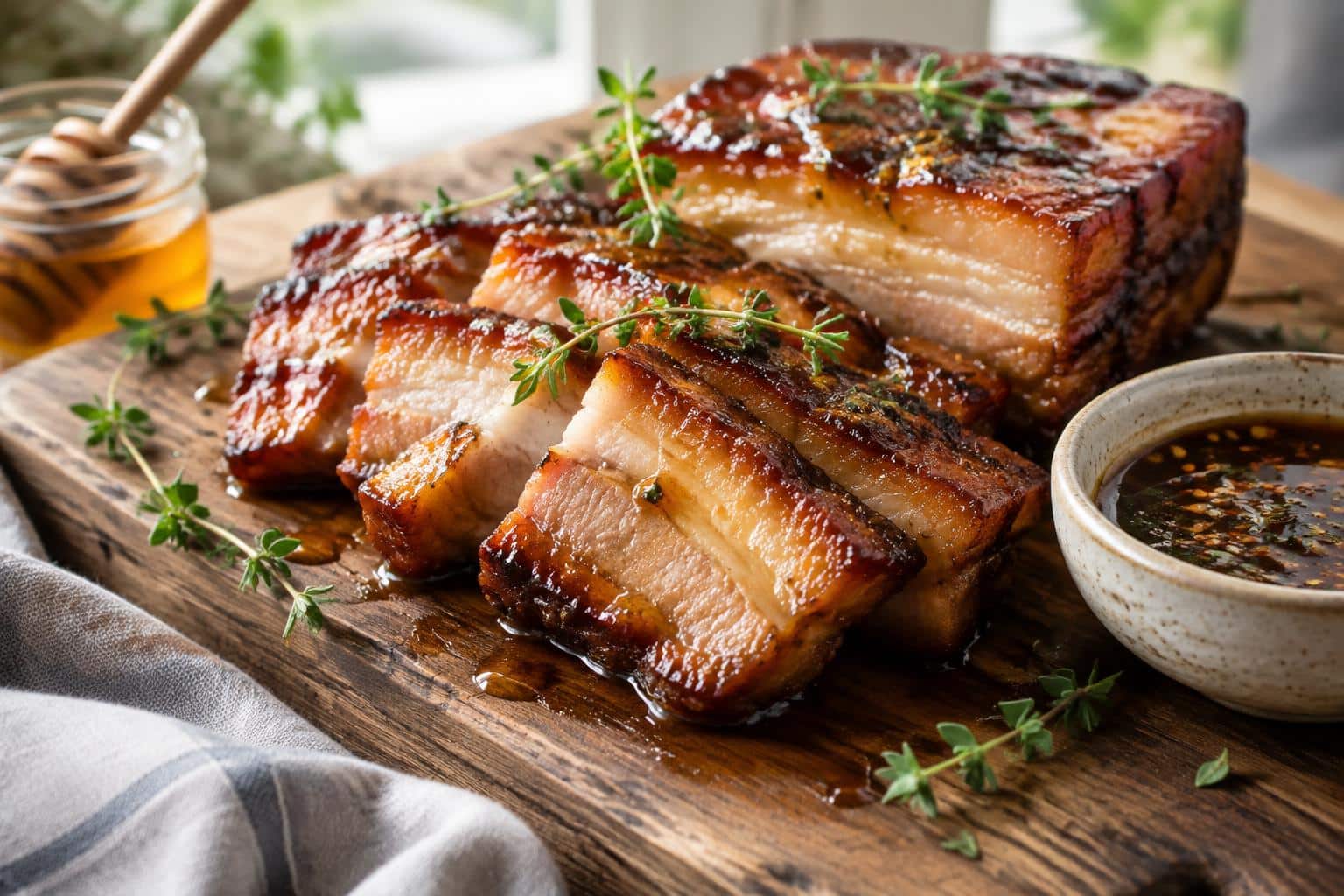 Caramelized honey pork belly with crispy golden edges and honey glaze on rustic board