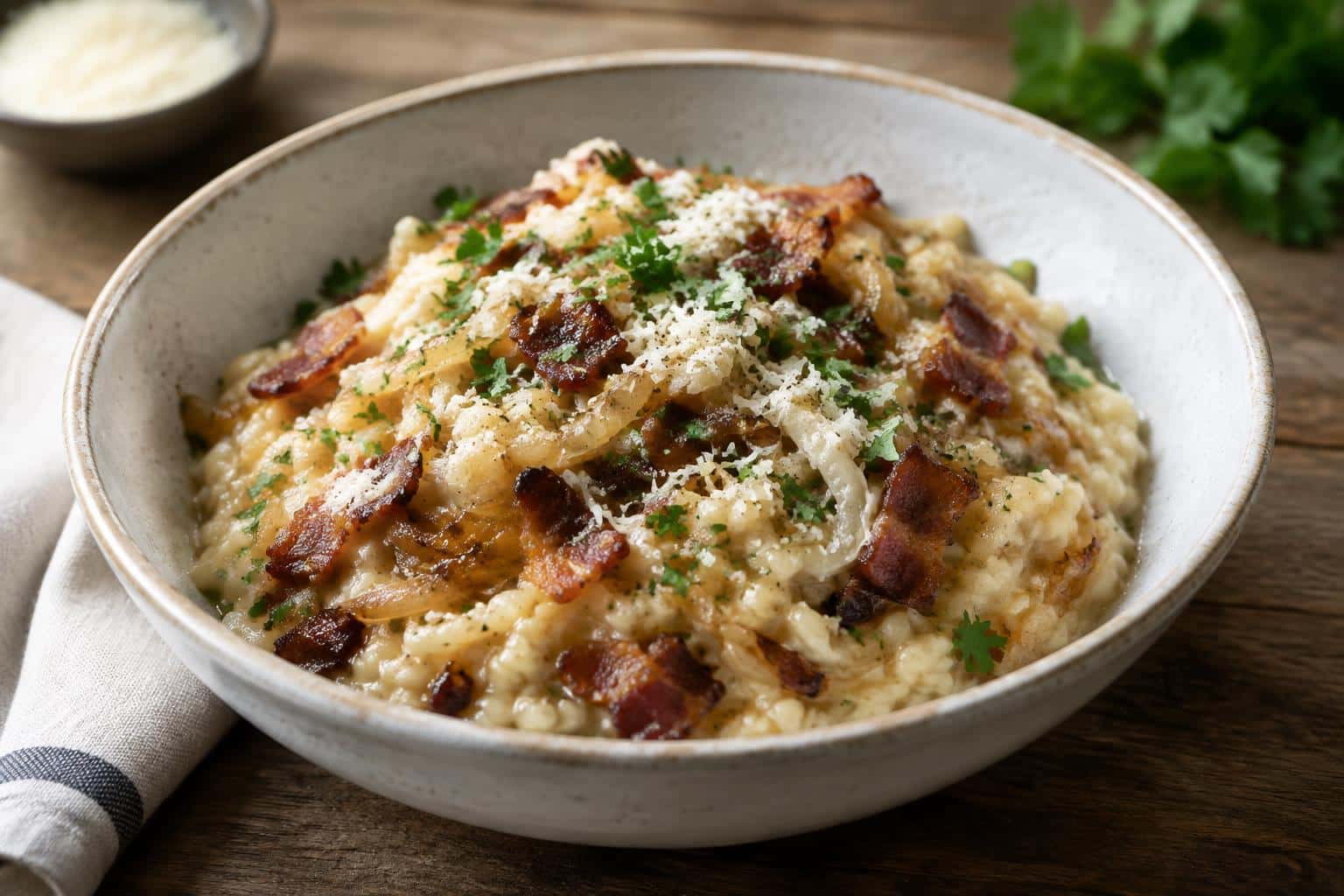 Creamy caramelized onion risotto with crispy bacon and Parmesan cheese in a rustic bowl